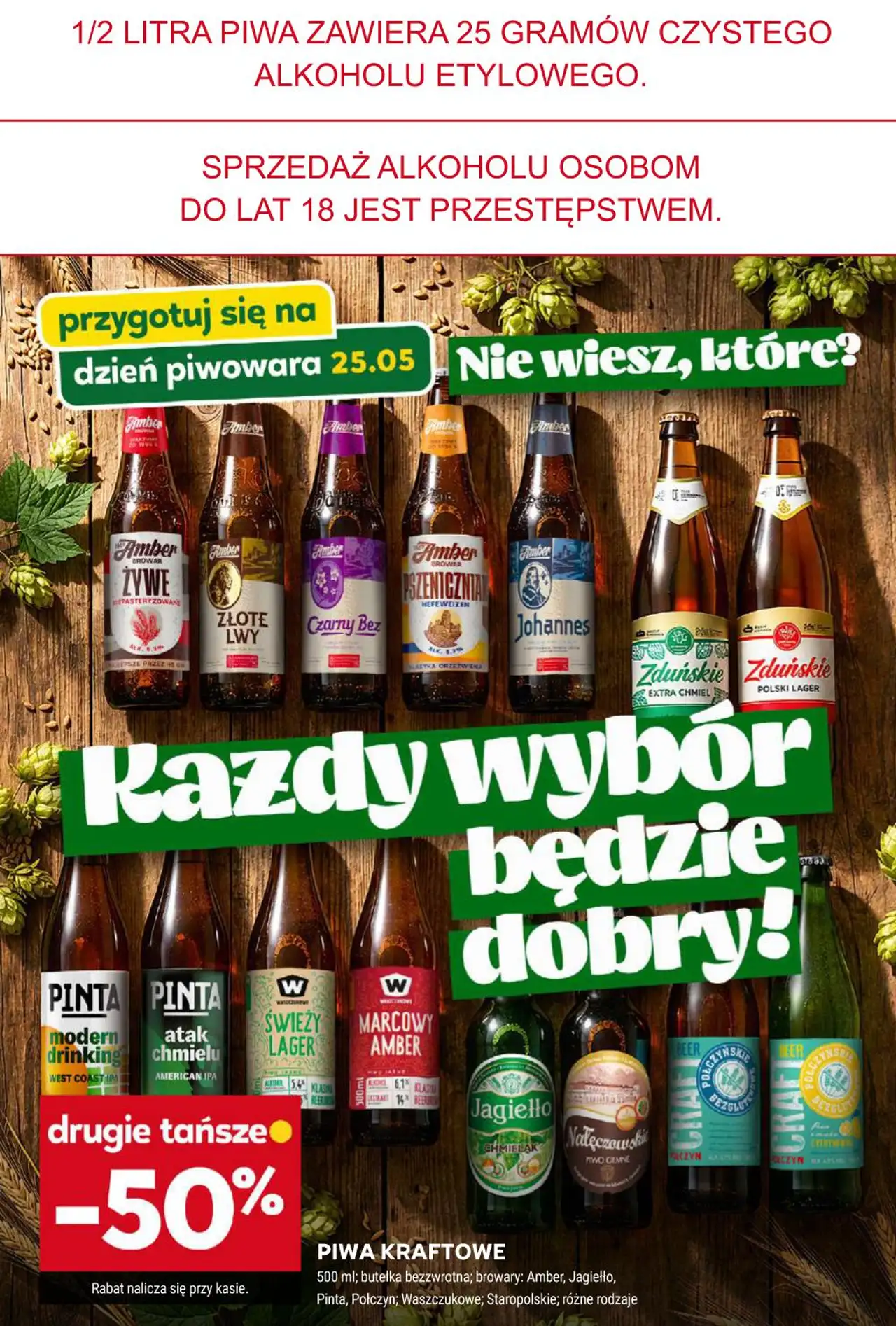 PIWA KRAFTOWE 500 ml; butelka bezzwrotna; browary: Amber, Jagiełło, Pinta, Polczyn; Waszczukowe; Staropolskie; różne rodzaje