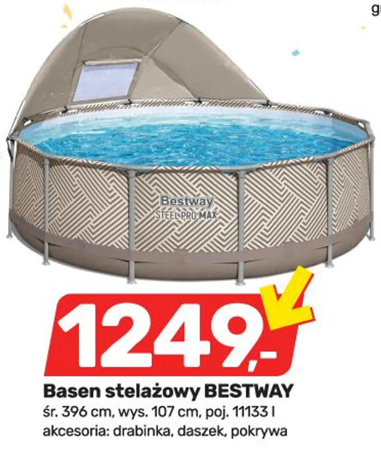 Basen stelażowy BESTWAY śr. 396 cm, wys. 107 cm, poj. 11133 l akcesoria: drabinka, daszek, pokrywa