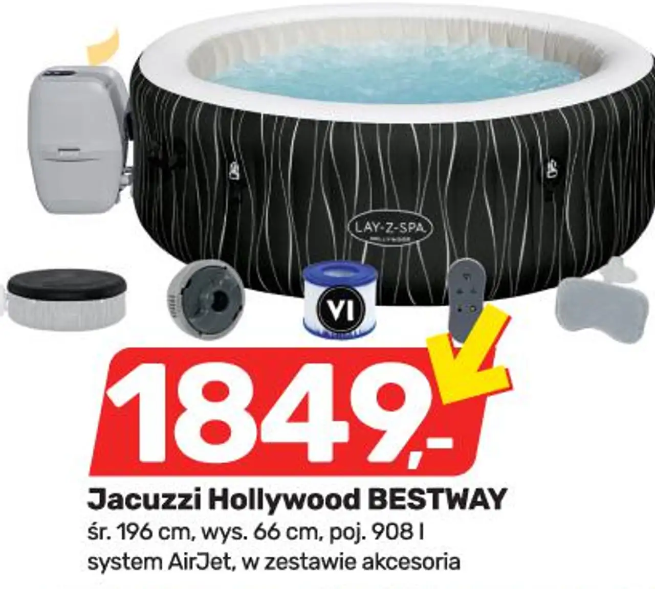 Jacuzzi Hollywood BESTWAY śr. 196 cm, wys. 66 cm, poj. 908 l system AirJet, w zestawie akcesoria