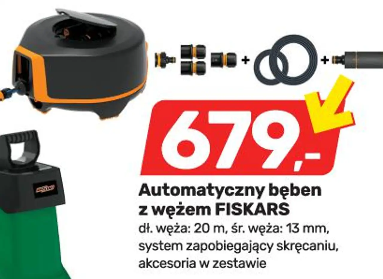 Automatyczny bęben z wężem FISKARS dł. węża: 20 m, śr. węża: 13 mm, system zapobiegający skręcaniu, akcesoria w zestawie