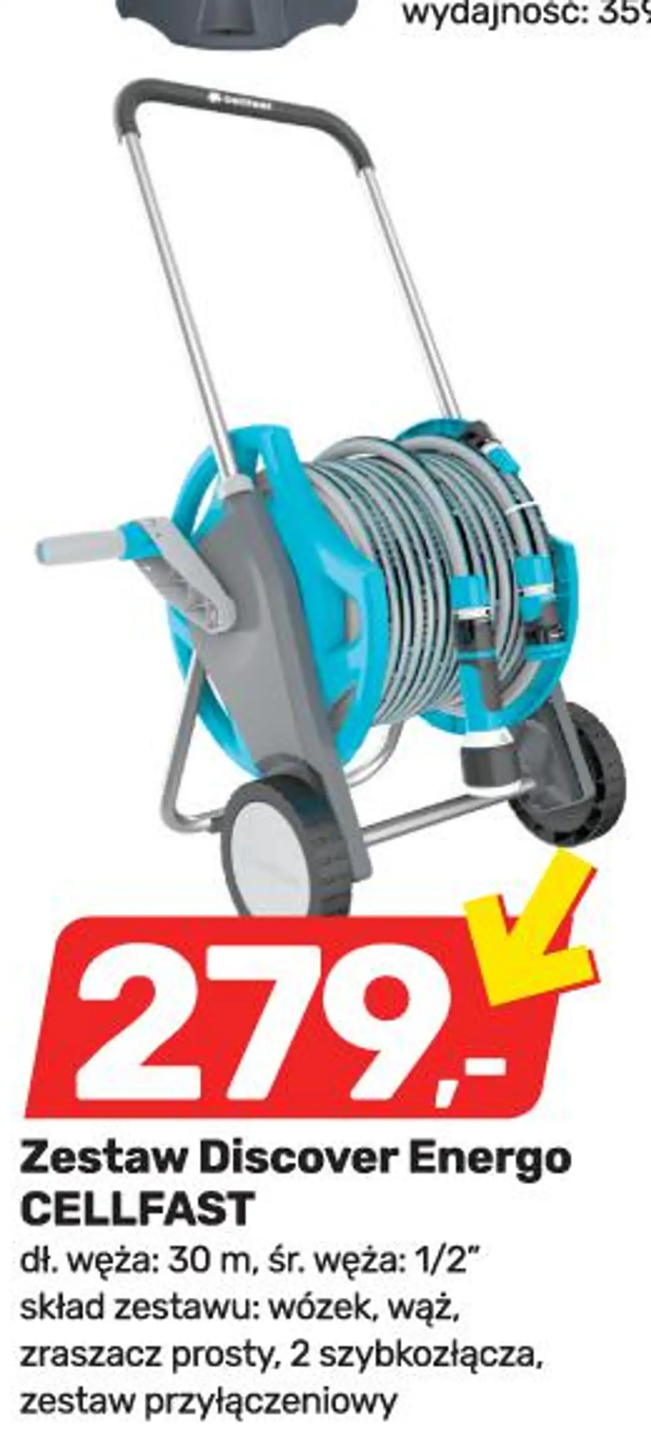 Zestaw Discover Energo CELLFAST dł. węża: 30 m, śr. węża: 1/2" skład zestawu: wózek, wąż, zraszacz prosty, 2 szybkozłącza, zestaw przyłączeniowy