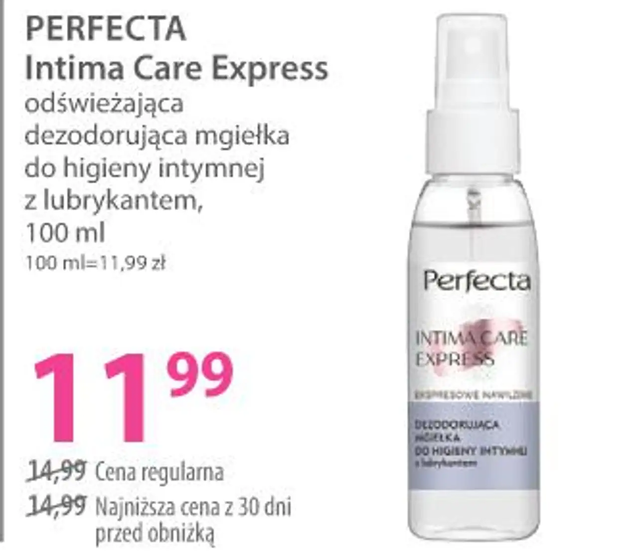 PERFECTA Intima Care Express odświeżająca dezodorująca mgiełka do higieny intymnej z lubrykantem, 100 ml