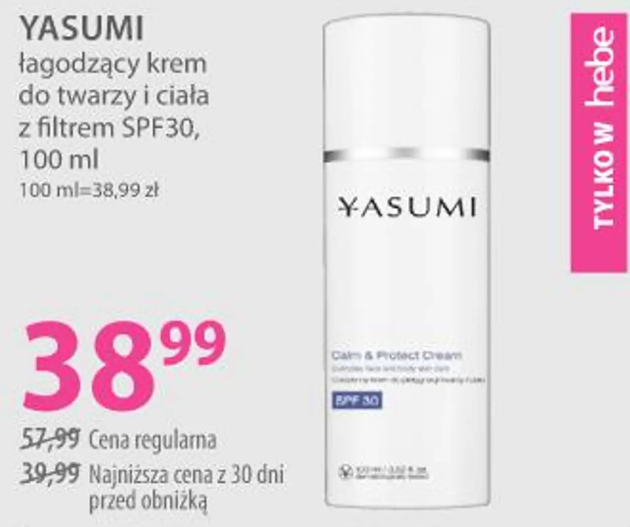 YASUMI łagodzący krem do twarzy i ciała z filtrem SPF30, 100 ml