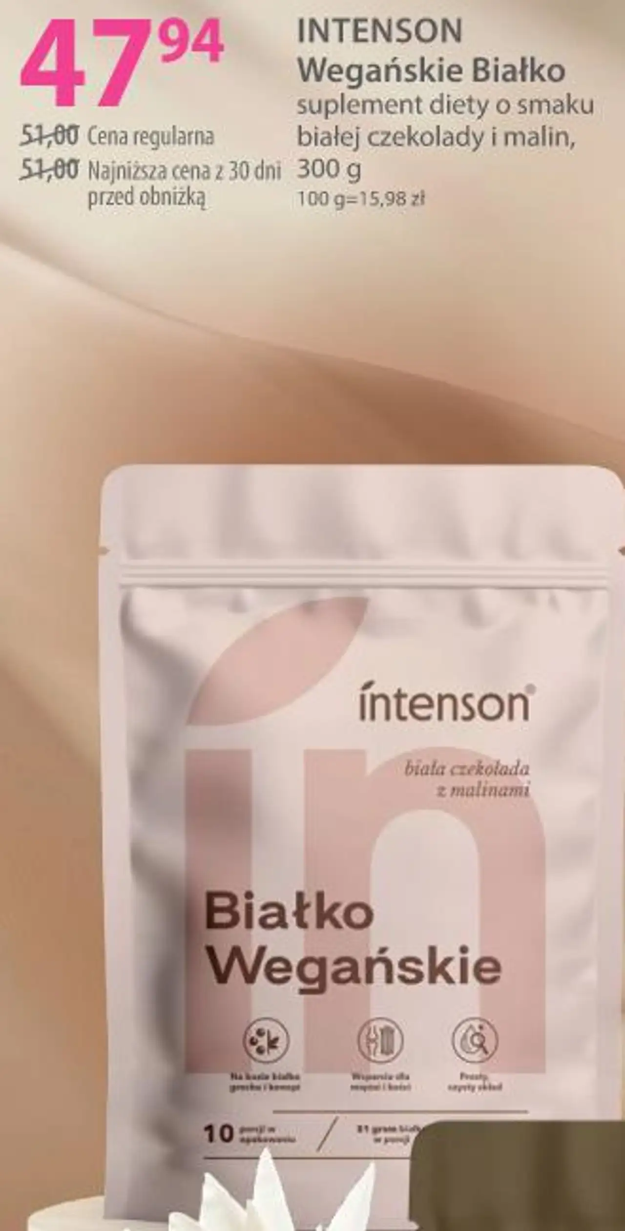 INTENSON Wegańskie Białko suplement diety o smaku białej czekolady i malin, 300 g