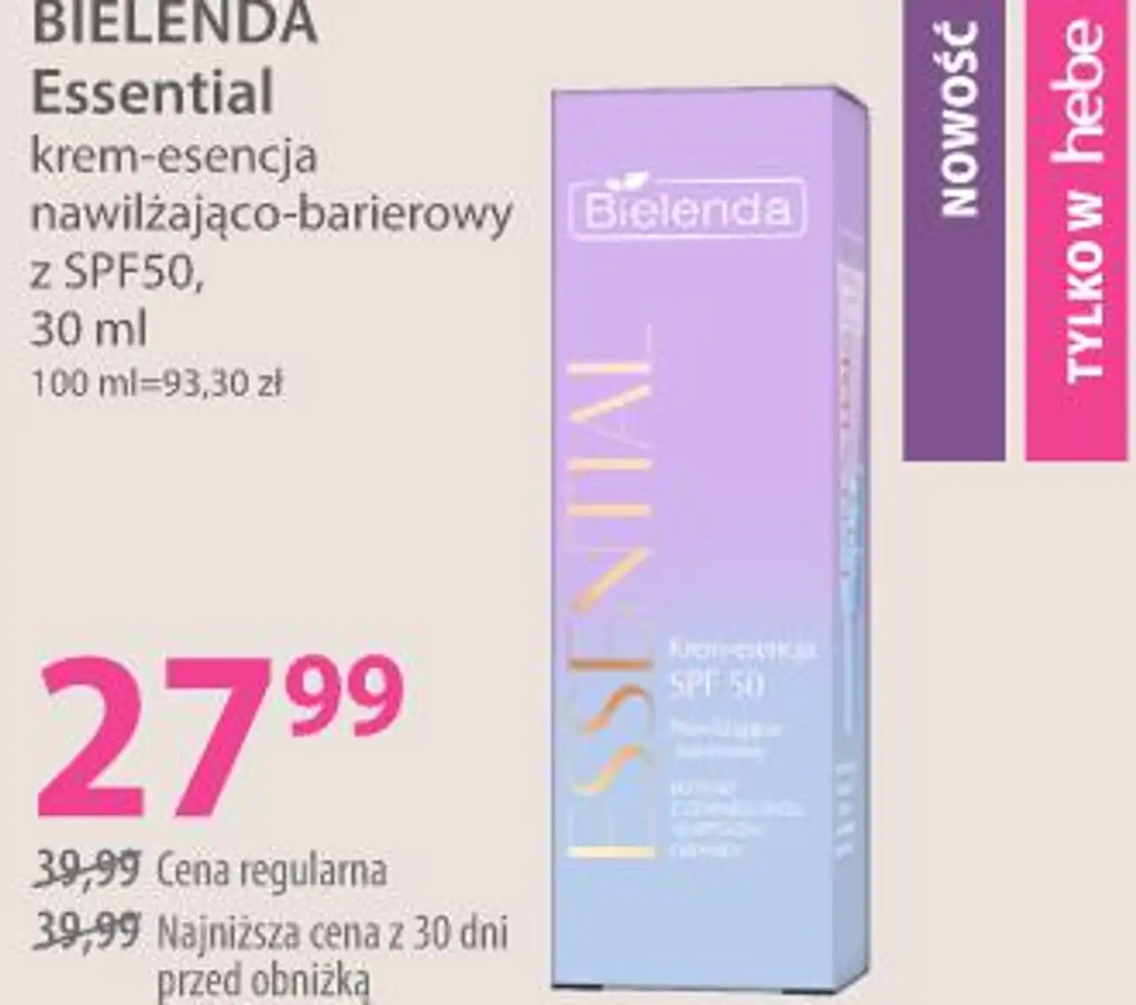 BIELENDA Essential krem-esencja nawilżająco-barierowy z SPF50, 30 ml