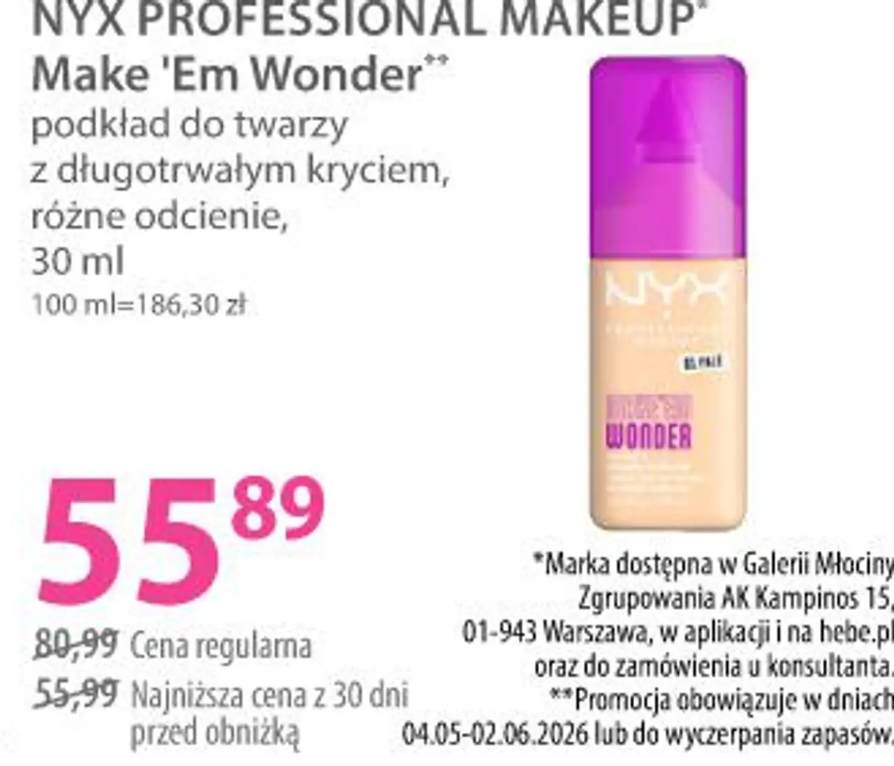 NYX PROFESSIONAL MAKEUP Make 'Em Wonder podkład do twarzy z długotrwałym kryciem, różne odcienie, 30 ml