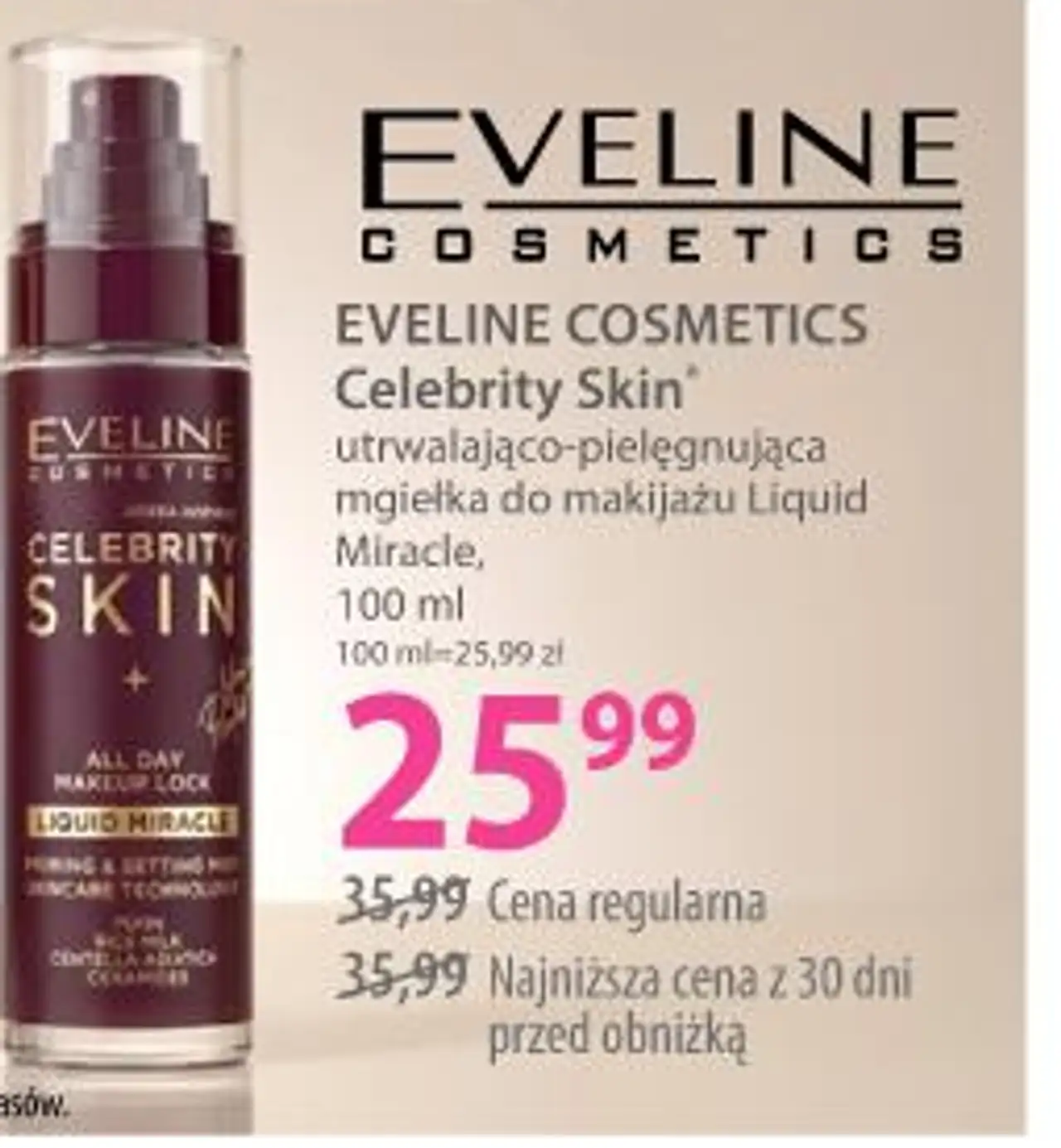 EVELINE COSMETICS Celebrity Skin utrwalająco-pielęgnująca mgiełka do makijażu Liquid Miracle, 100 ml