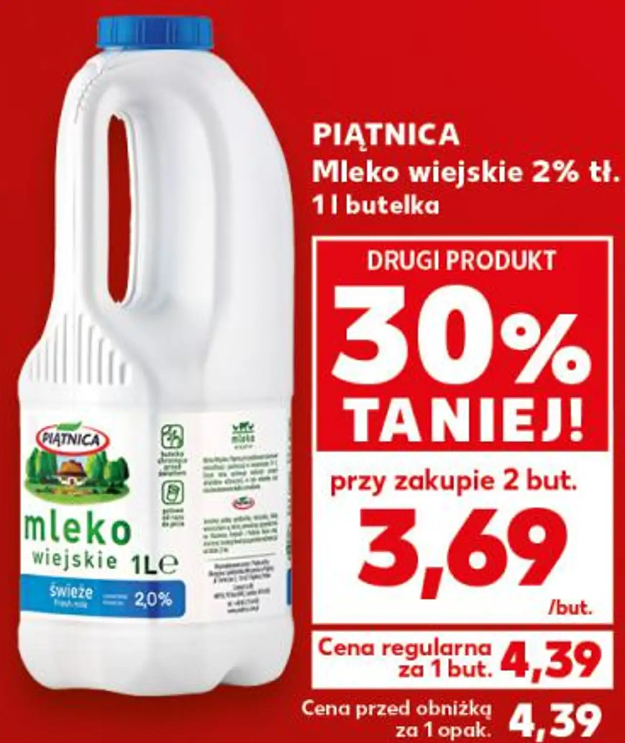 PIĄTNICA Mleko wiejskie 2% tł. 1 l butelka