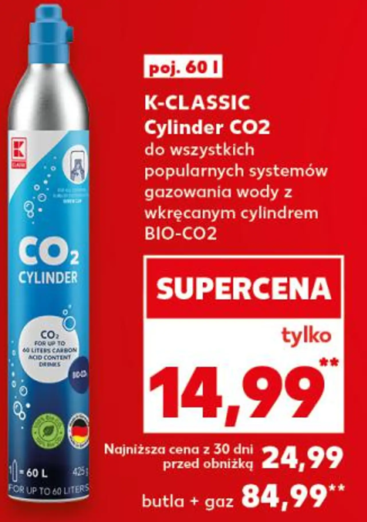 K-CLASSIC Cylinder CO2 do wszystkich popularnych systemów gazowania wody z wkręcanym cylindrem BIO-CO2