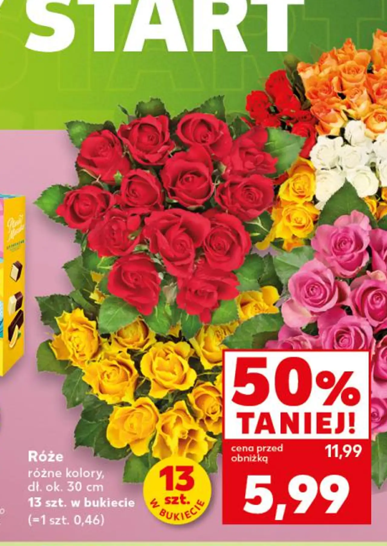 Róże różne kolory, dł. ok. 30 cm 13 szt. w bukiecie (=1 szt. 0,46)