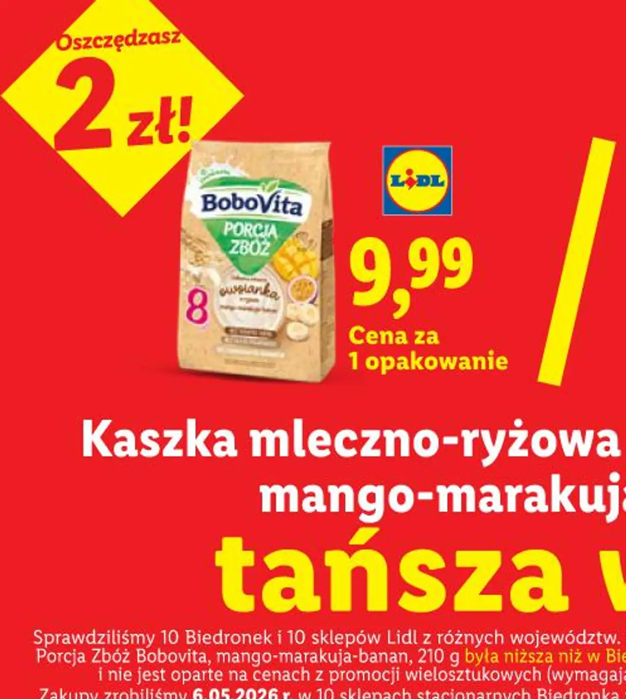 Kaszka mleczno-ryżowa Porcja Zbóż Bobovita, mango-marakuja-banan, 210 g