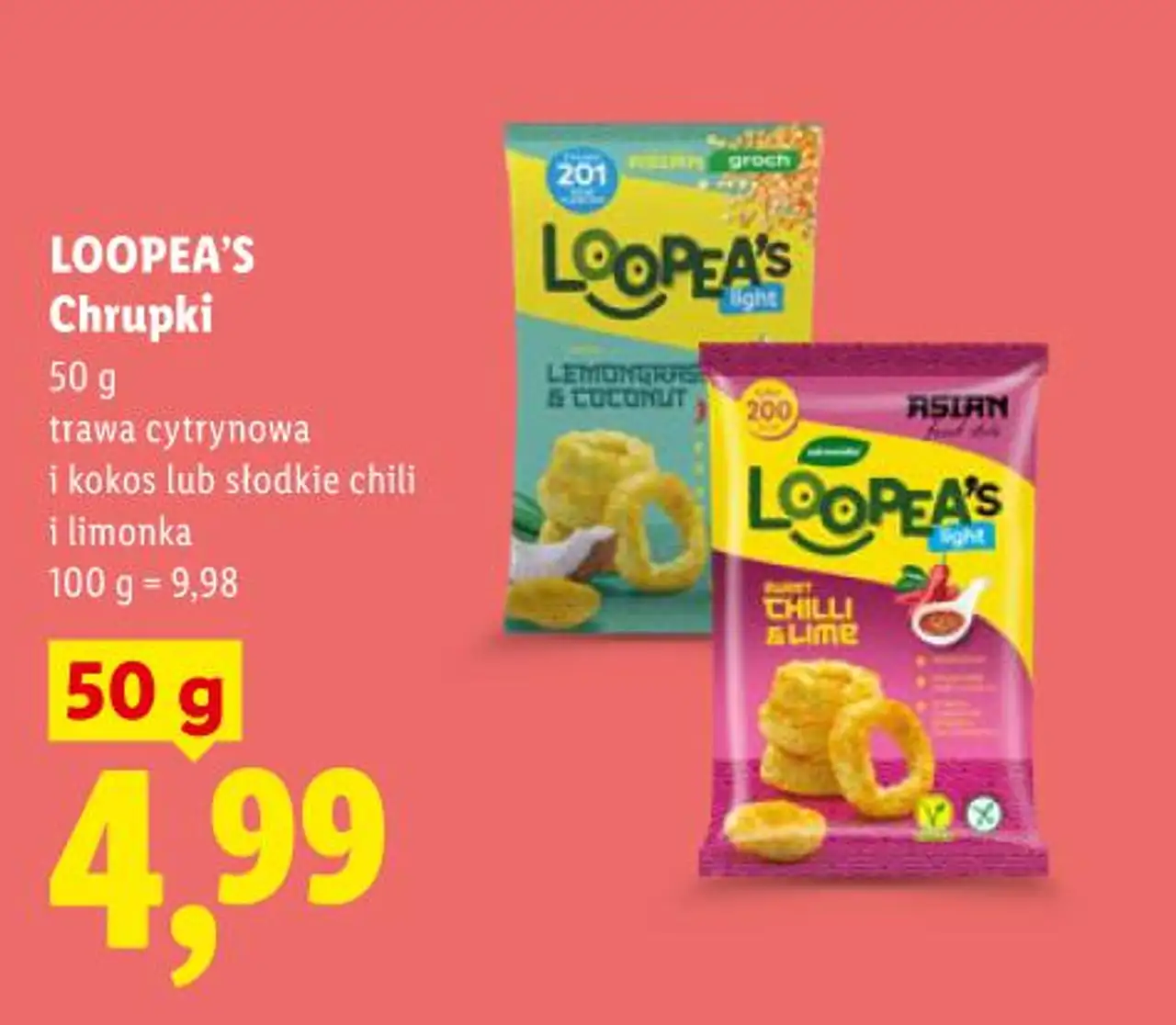 LOOPEA'S Chrupki 50 g trawa cytrynowa i kokos lub słodkie chili i limonka