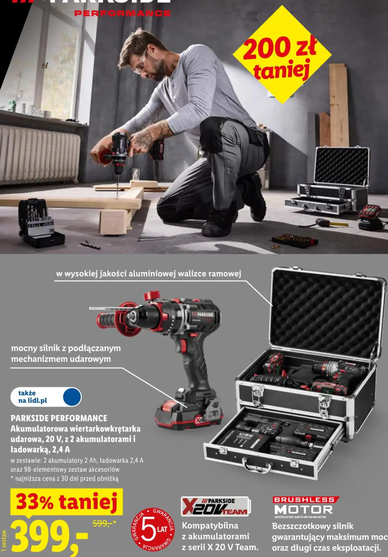 PARKSIDE PERFORMANCE Akumulatorowa wiertarkowkrętarka udarowa, 20 V, z 2 akumulatorami i ładowarką, 2,4 A