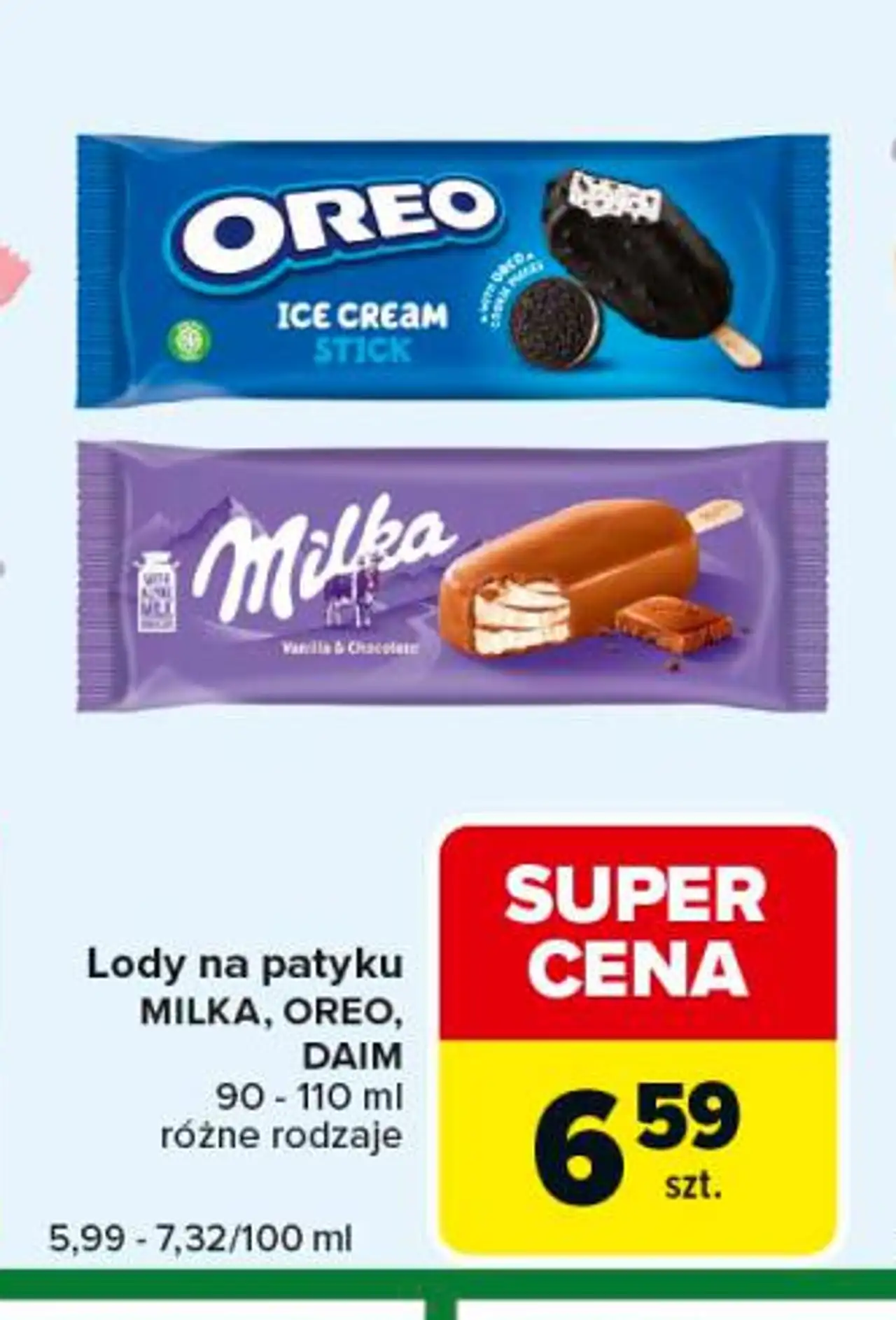 Lody na patyku MILKA, OREO, DAIM 90 - 110 ml różne rodzaje