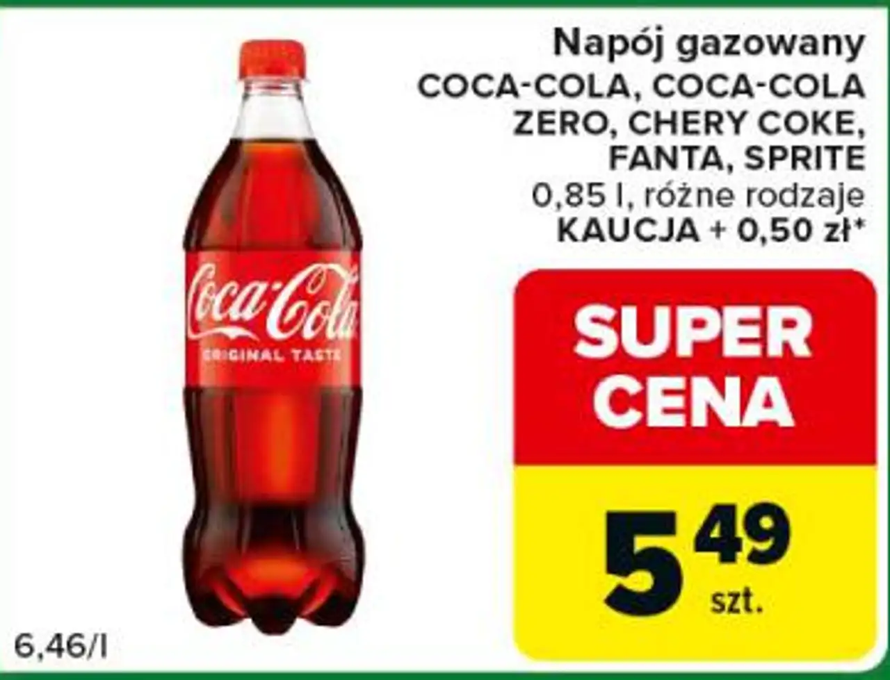 Napój gazowany COCA-COLA, COCA-COLA ZERO, CHERRY COKE, FANTA, SPRITE 0,85 l, różne rodzaje