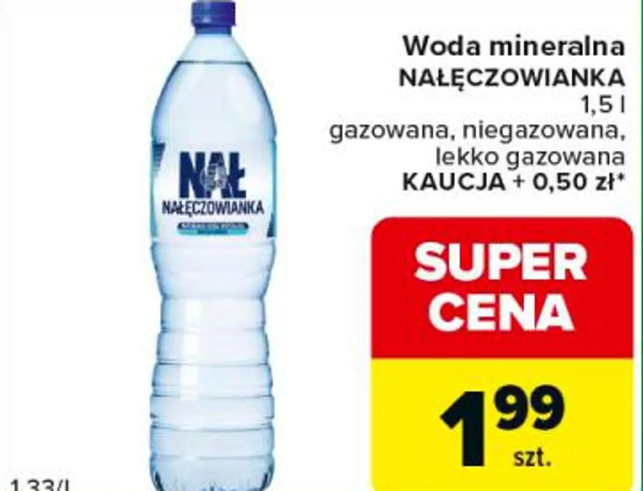 Woda mineralna NAŁĘCZOWIANKA 1,5 l gazowana, niegazowana, lekko gazowana