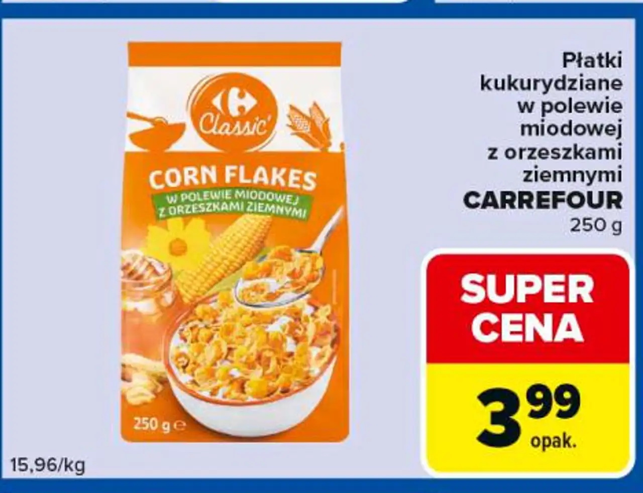 Płatki kukurydziane w polewie miodowej z orzeszkami ziemnymi CARREFOUR