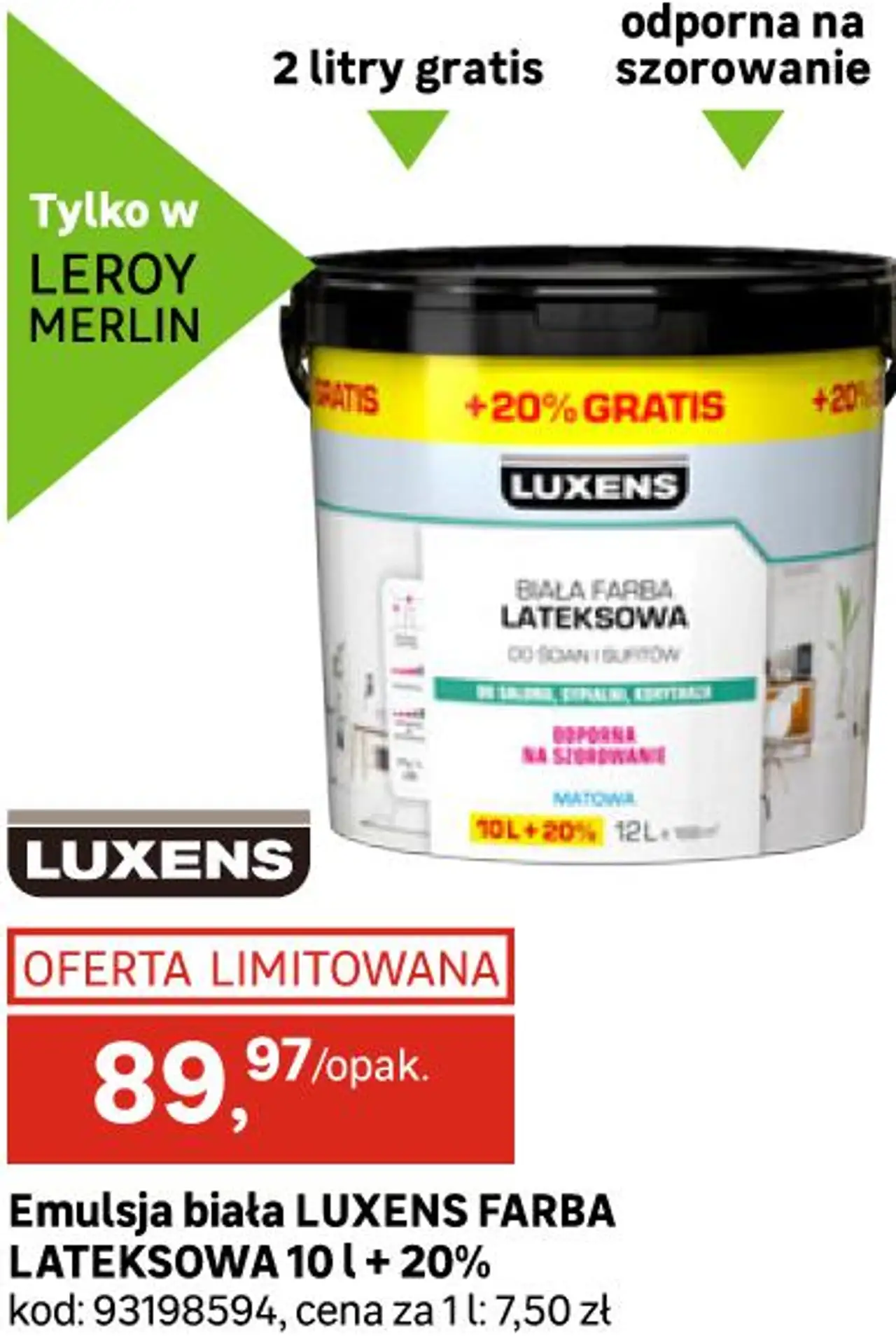 Emulsja biała LUXENS FARBA LATEKSOWA 10 l + 20%