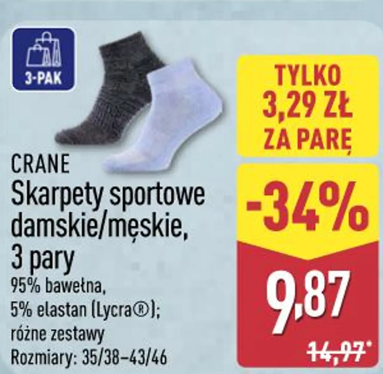 CRANE Skarpety sportowe damskie/męskie, 3 pary