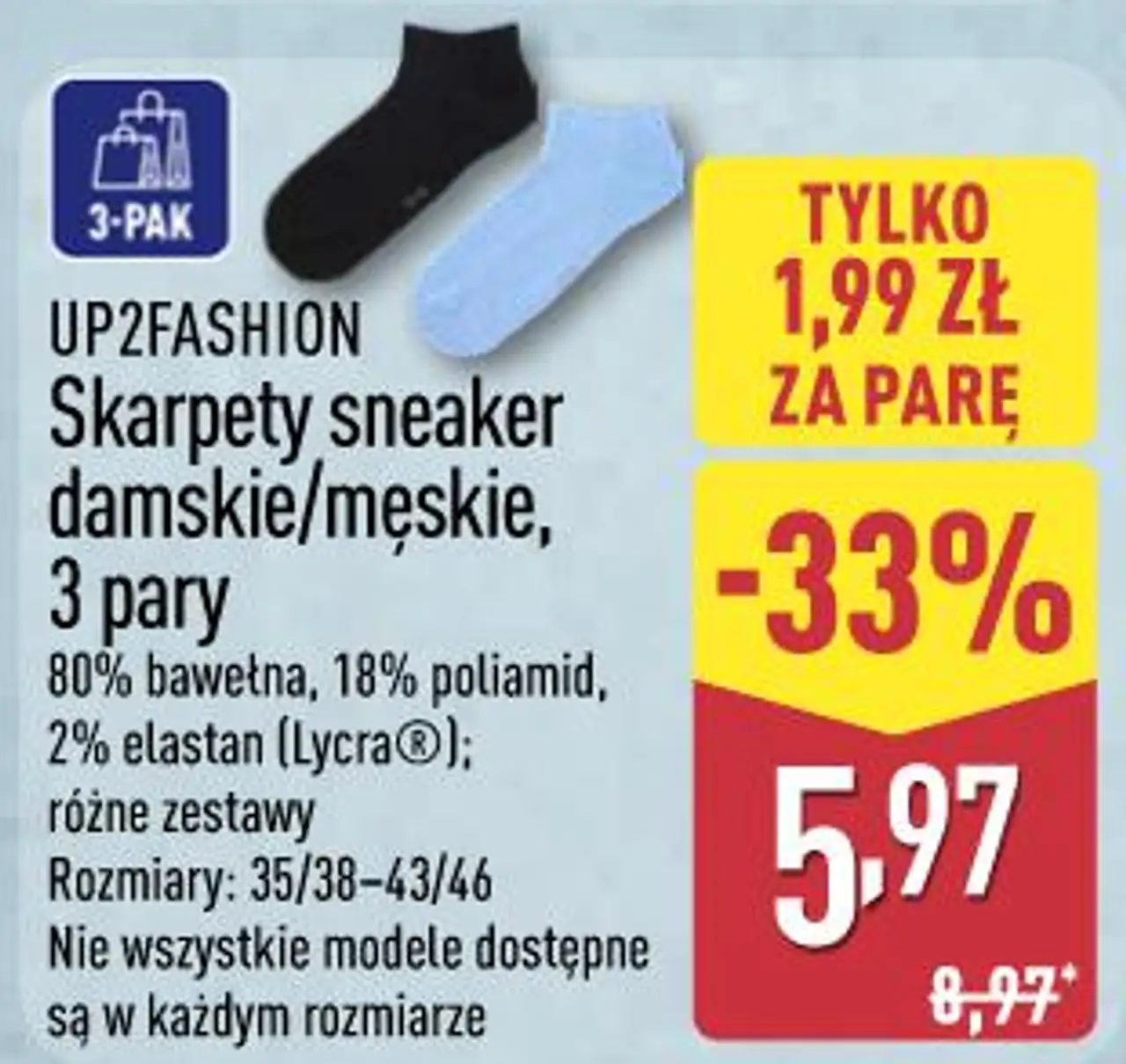 UP2FASHION Skarpety sneaker damskie/męskie, 3 pary