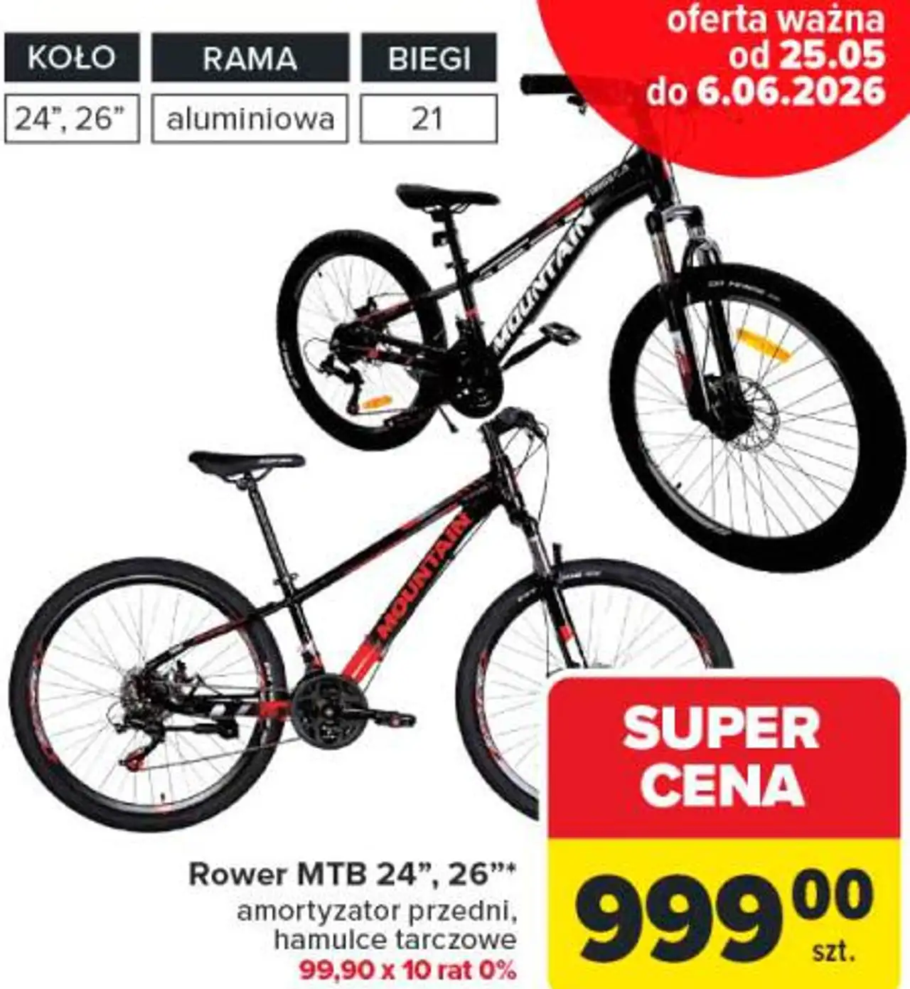 Rower MTB 24", 26" amortyzator przedni, hamulce tarczowe