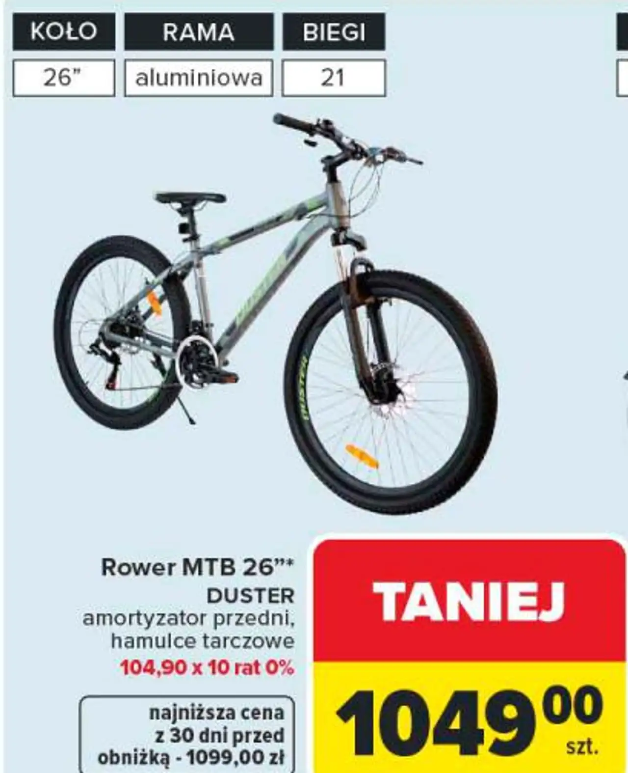 Rower MTB 26" DUSTER amortyzator przedni, hamulce tarczowe