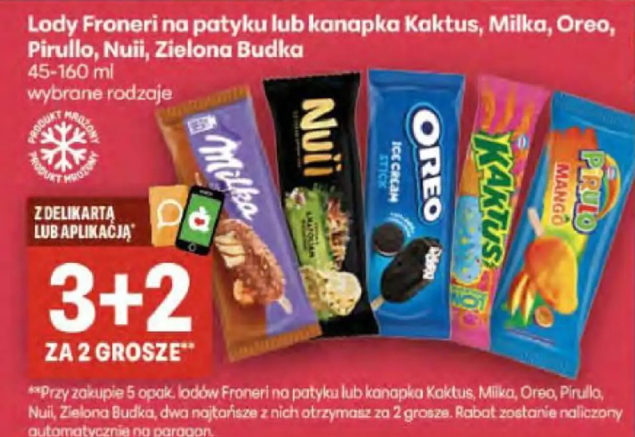 Lody Froneri na patyku lub kanapka Kaktus, Milka, Oreo, Pirullo, Nuii, Zielona Budka
