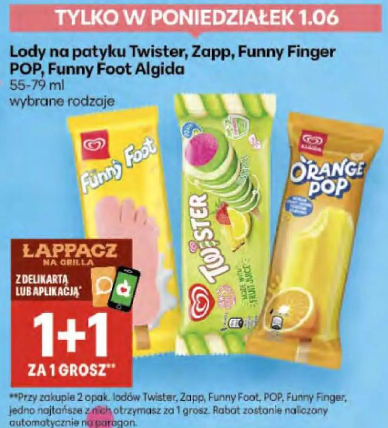 Lody na patyku Twister, Zapp, Funny Finger POP, Funny Foot Algida 55-79 ml wybrane rodzaje