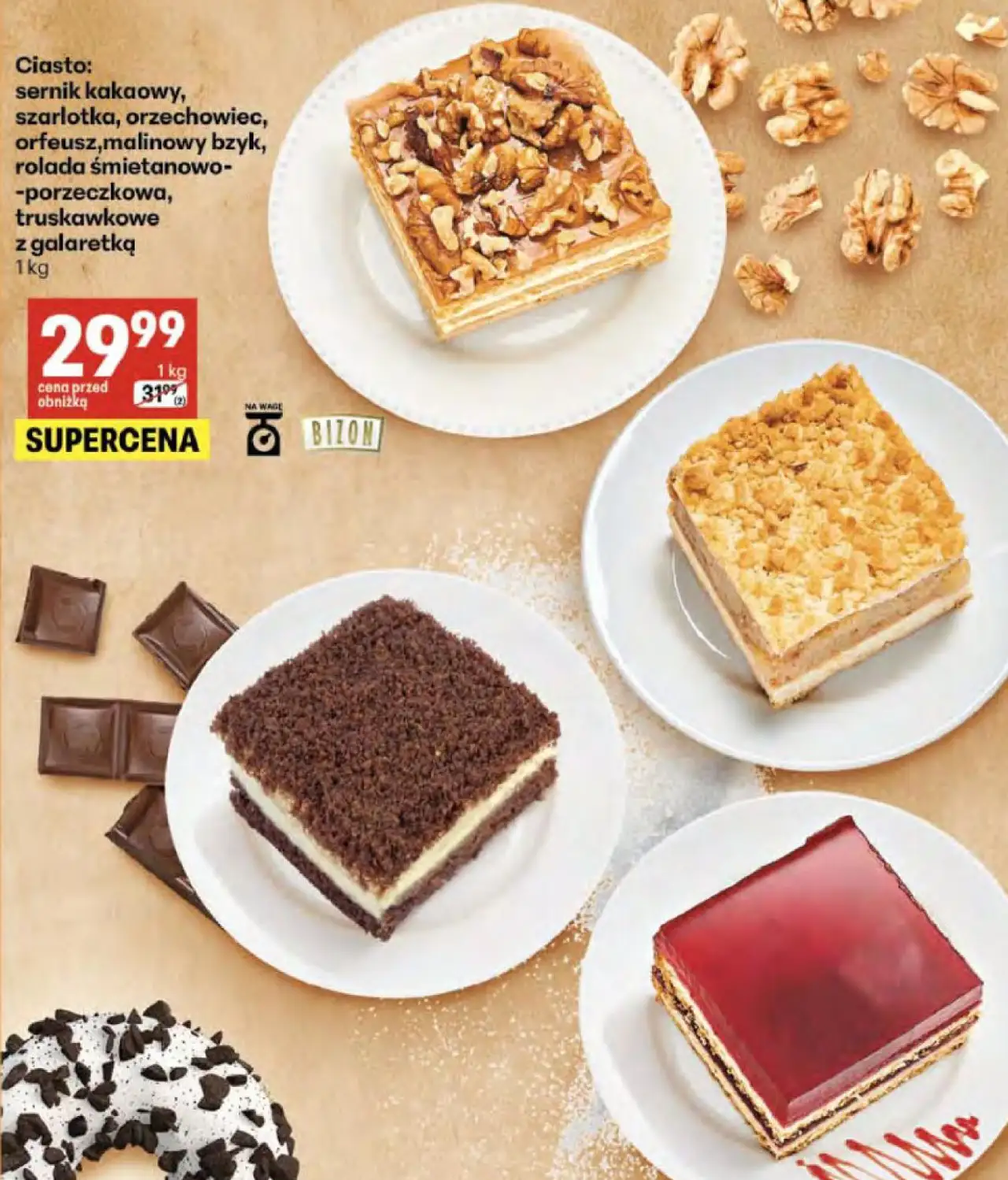 Ciasto: sernik kakaowy, szarlotka, orzechowiec, orfeusz, malinowy bzyk, rolada śmietanowo-porzeczkowa, truskawkowe z galaretką 1 kg