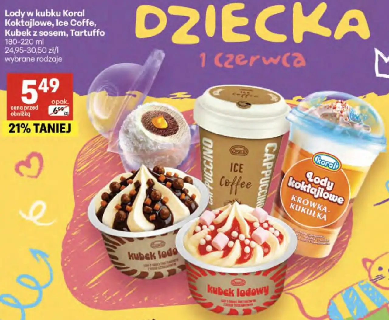 Lody w kubku Koral Koktajlowe, Ice Coffe, Kubek z sosem, Tartuffo