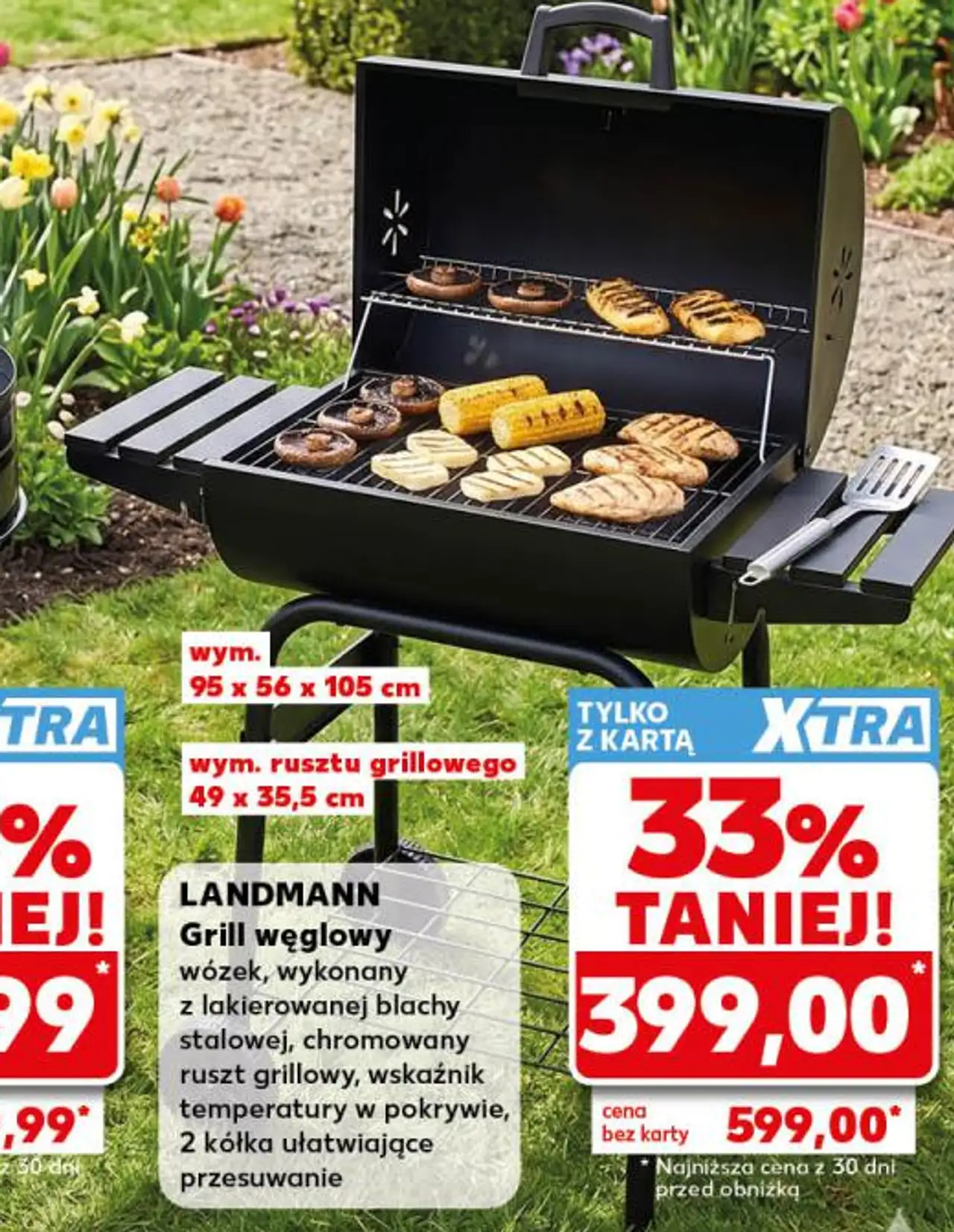 Grill węglowy wózek, wykonany z lakierowanej blachy stalowej, chromowany ruszt grillowy, wskaźnik temperatury w pokrywie, 2 kółka ułatwiające przesuwanie