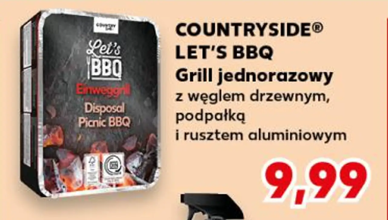 Grill jednorazowy z węglem drzewnym, podpałką i rusztem aluminiowym COUNTRYSIDE® LET'S BBQ