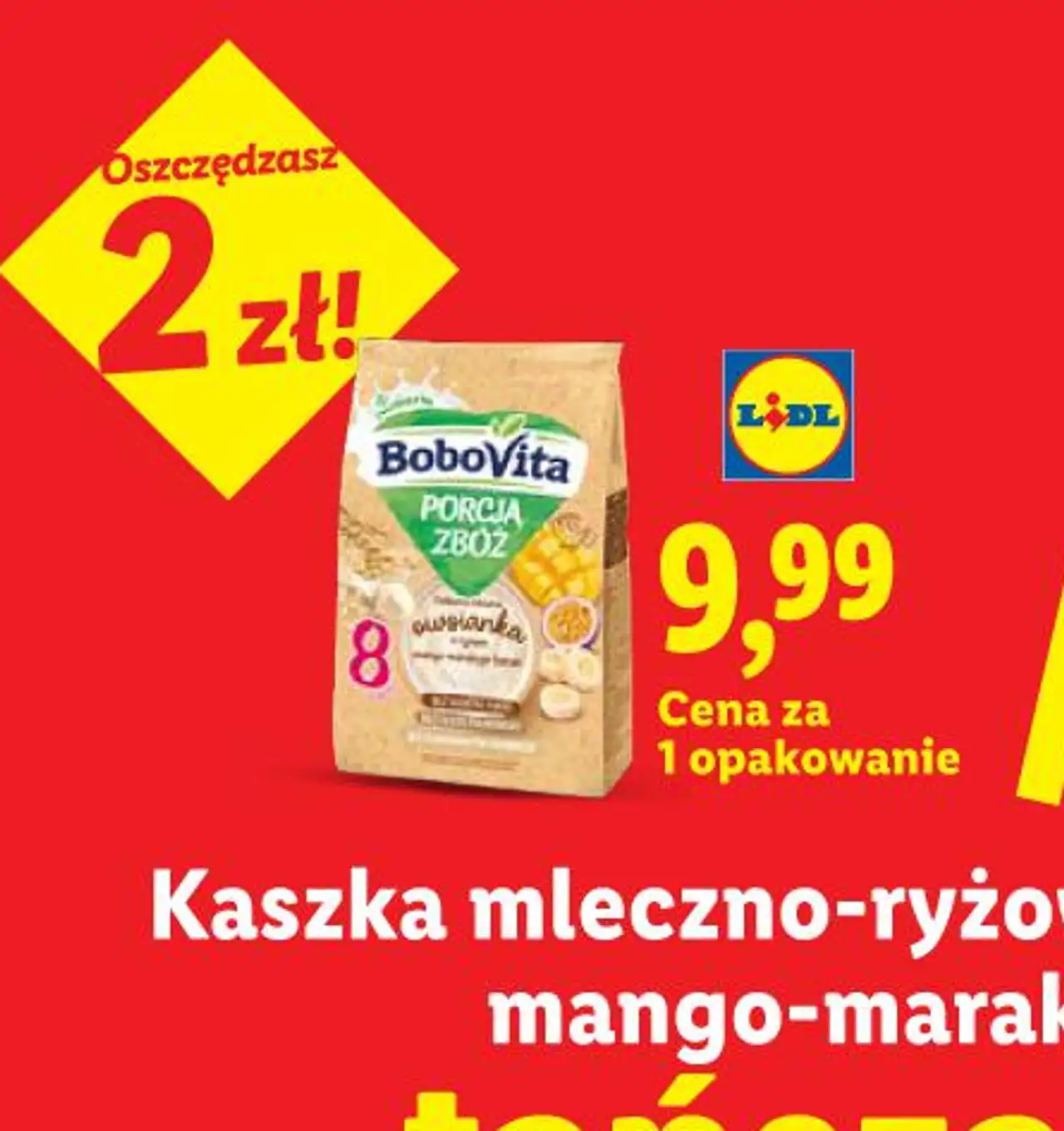 Kaszka mleczno-ryżowa Porcja Zbóż Bobovita, mango-marakuja-banan, 210 g