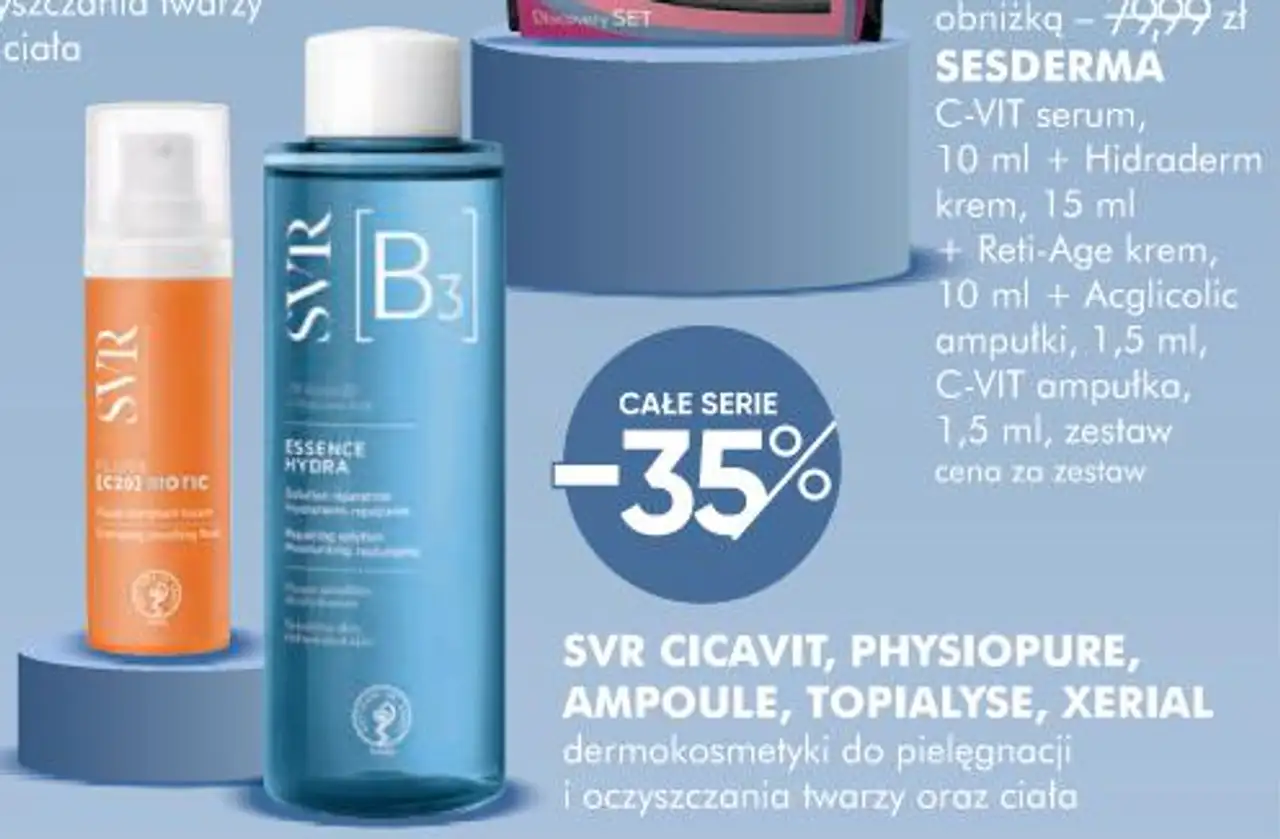 SVR CICAVIT, PHYSIOPURE, AMPOULE, TOPIALYSE, XERIAL dermokosmetyki do pielęgnacji i oczyszczania twarzy oraz ciała
