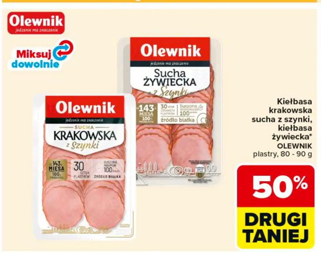 Kiełbasa krakowska sucha z szynki, kiełbasa żywiecka Olewnik