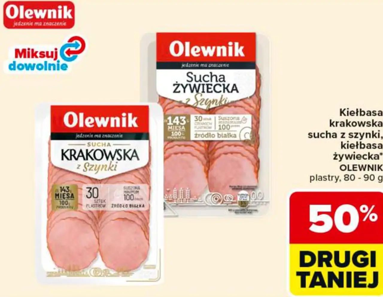 Kiełbasa krakowska sucha z szynki, kiełbasa żywiecka Olewnik