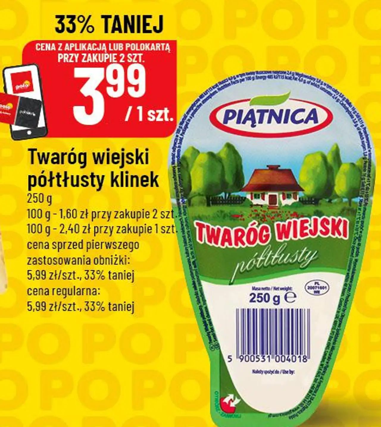 Twaróg wiejski półtłusty klinek Piątnica