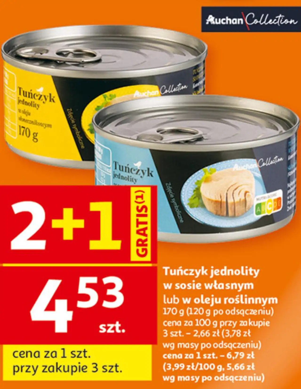 Tuńczyk jednolity w sosie własnym lub w oleju roślinnym Auchan Collection
