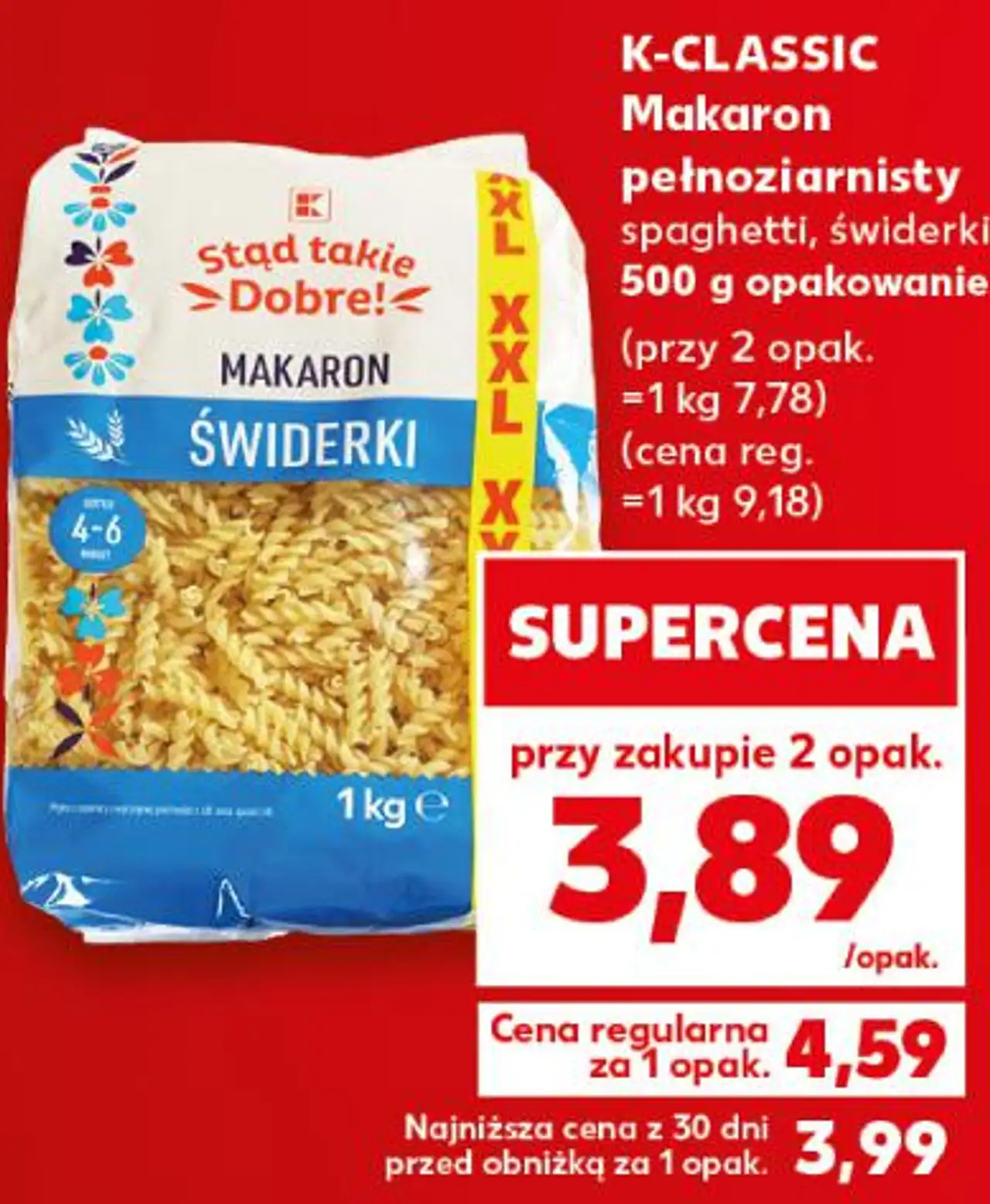 K-CLASSIC Makaron pełnoziarnisty spaghetti, świderki