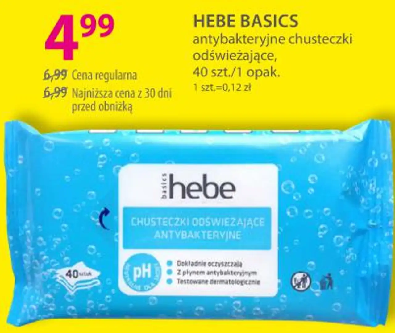 HEBE BASICS antybakteryjne chusteczki odświeżające, 40 szt.