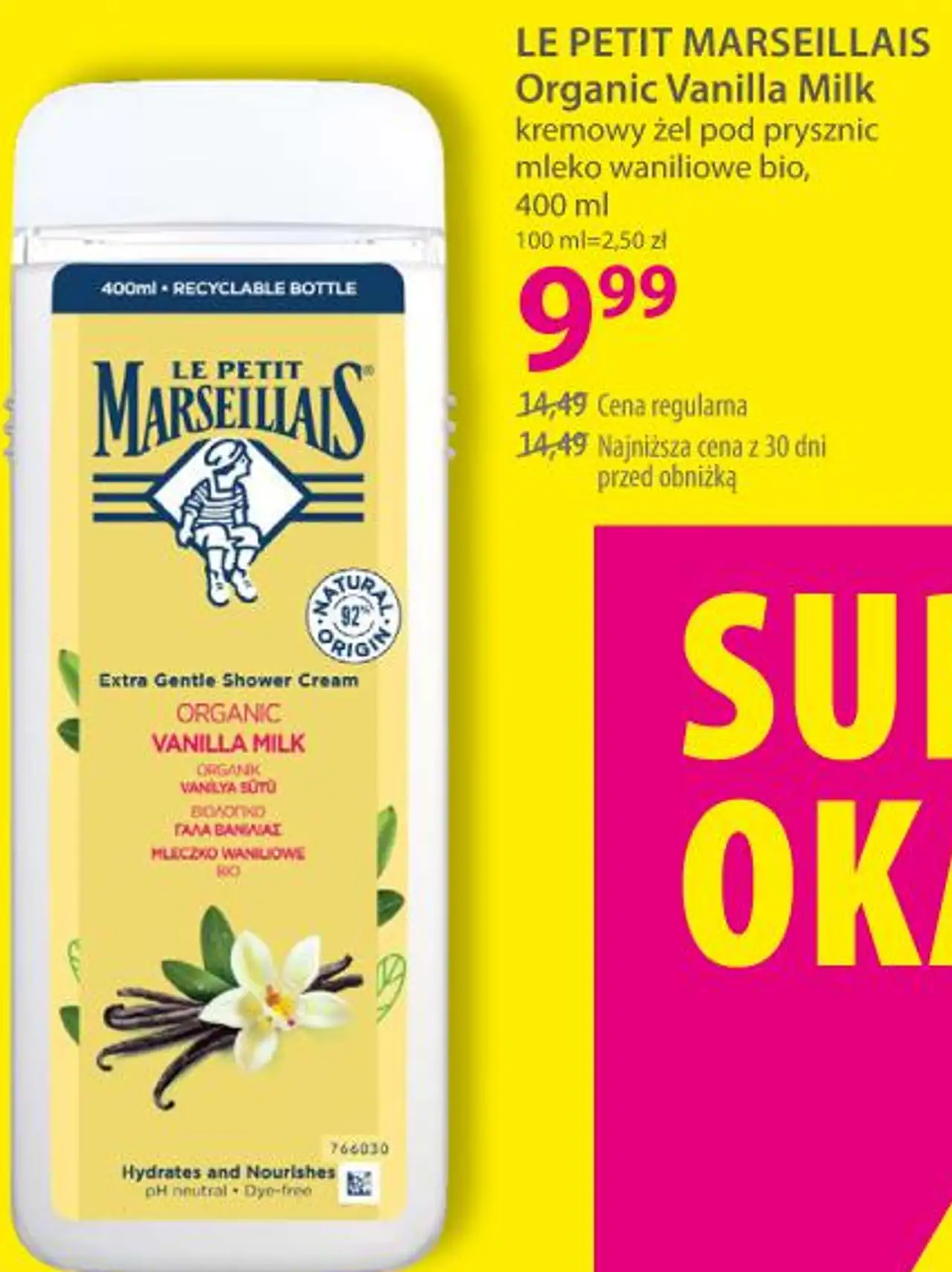LE PETIT MARSEILLAIS Organic Vanilla Milk kremowy żel pod prysznic mleko waniliowe bio, 400 ml