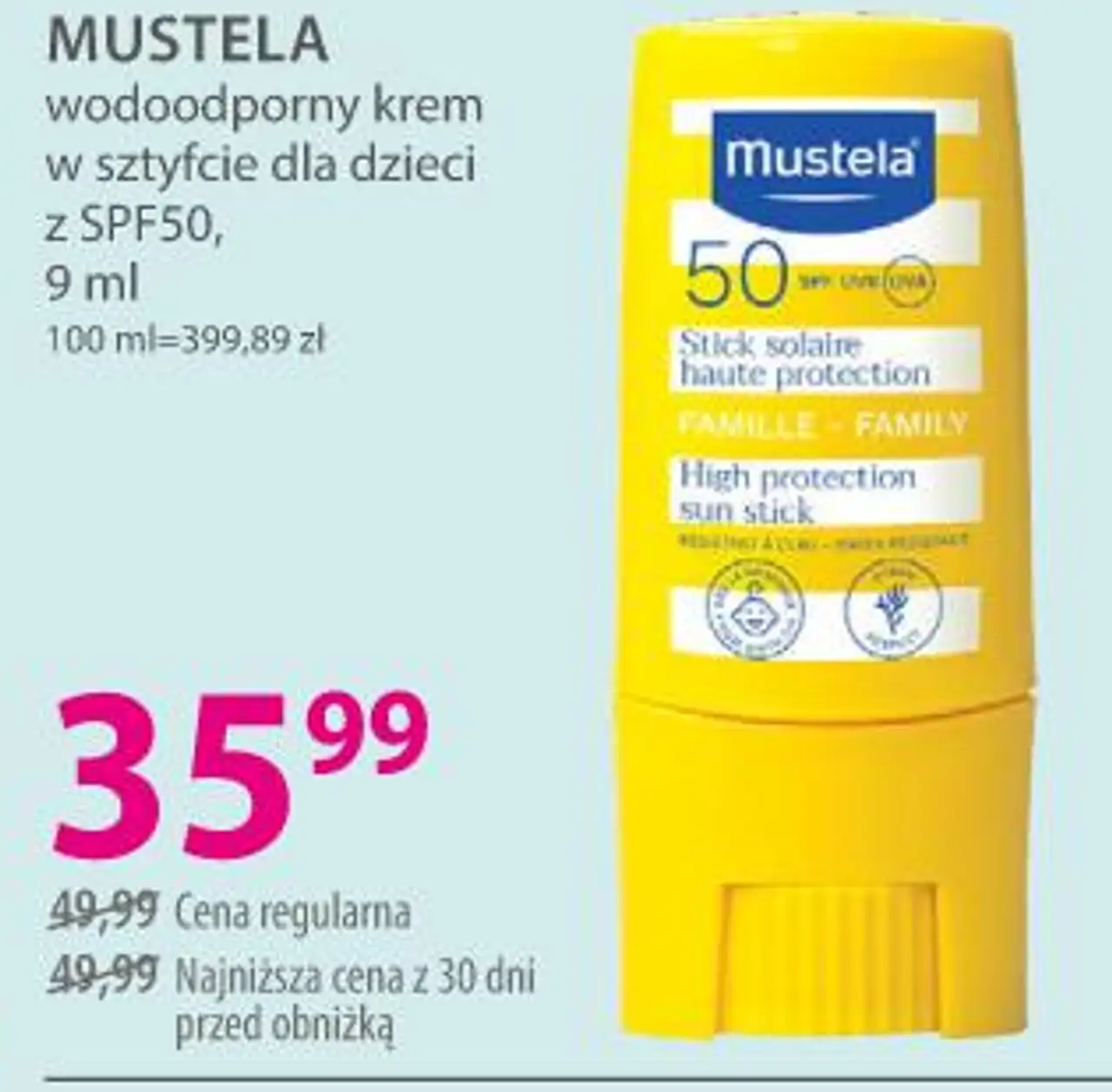 MUSTELA wodoodporny krem w sztyfcie dla dzieci z SPF50