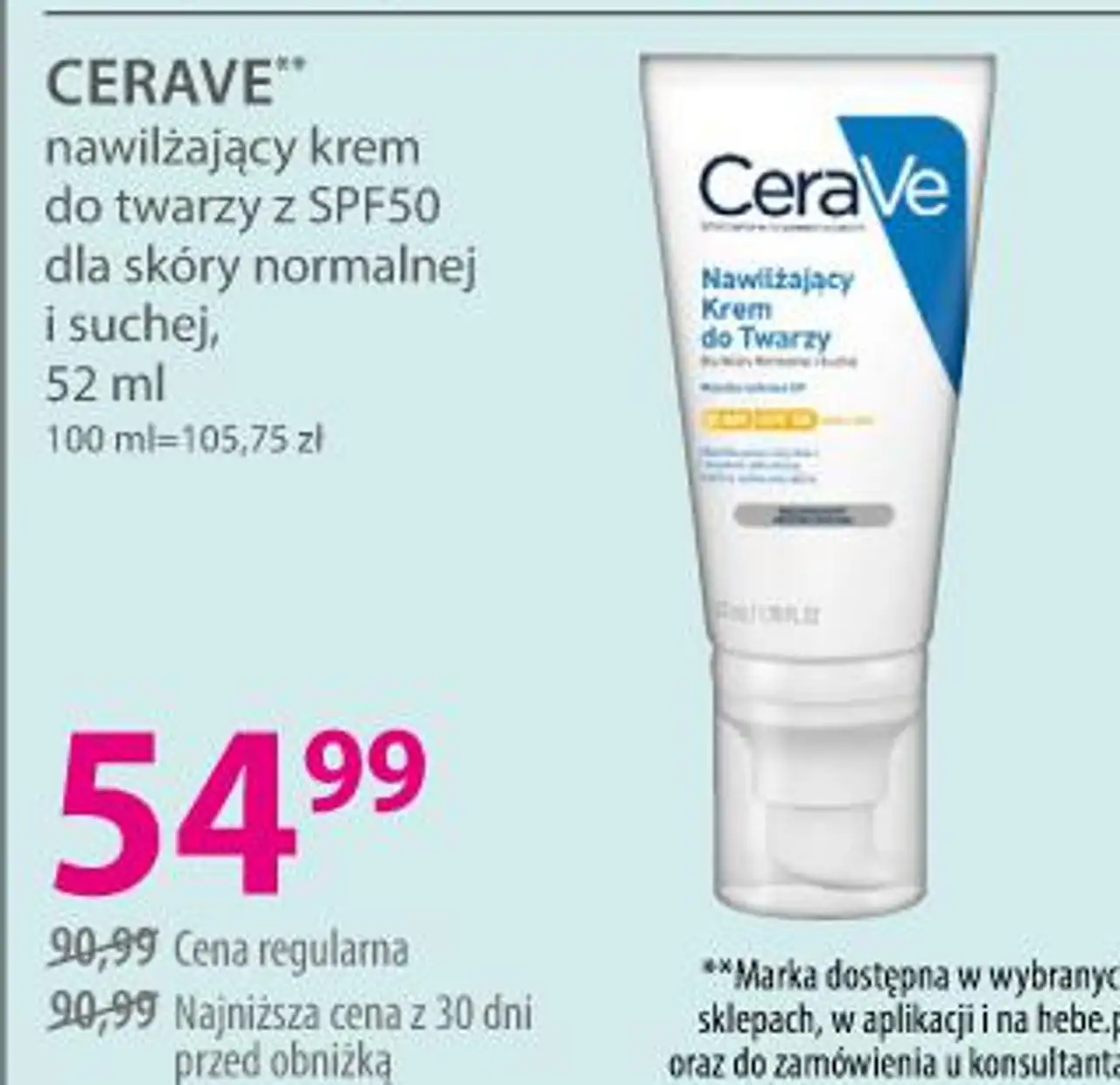 CERAVE nawilżający krem do twarzy z SPF50 dla skóry normalnej i suchej