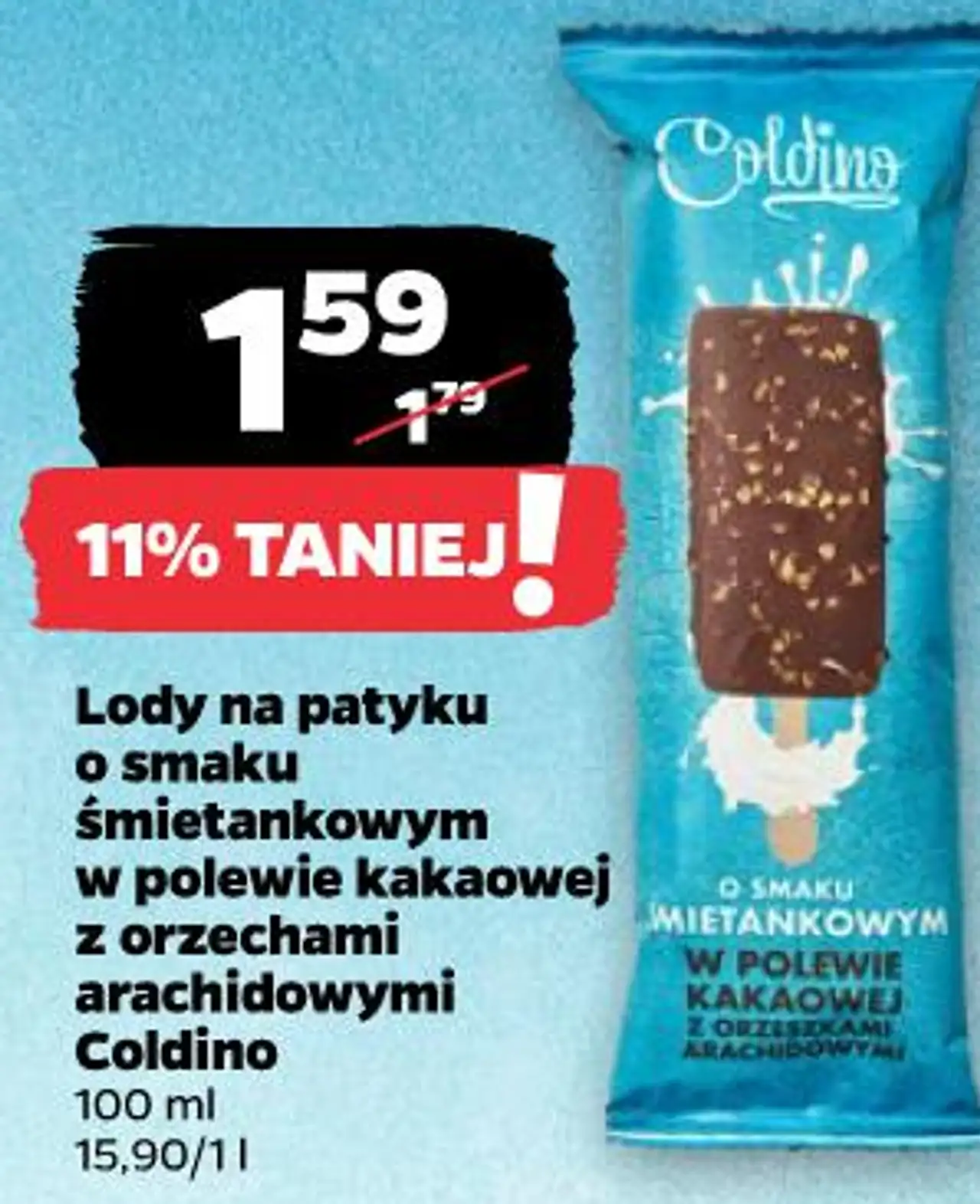 Lody na patyku o smaku śmietankowym w polewie kakaowej z orzechami arachidowymi Coldino
