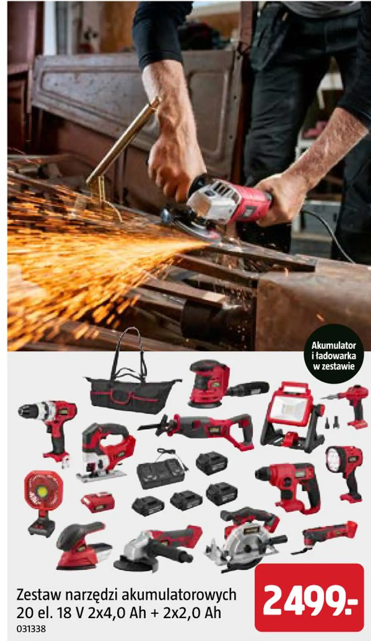 MEEC TOOLS Zestaw narzędzi akumulatorowych 20 el. 18 V 2x4,0 Ah + 2x2,0 Ah