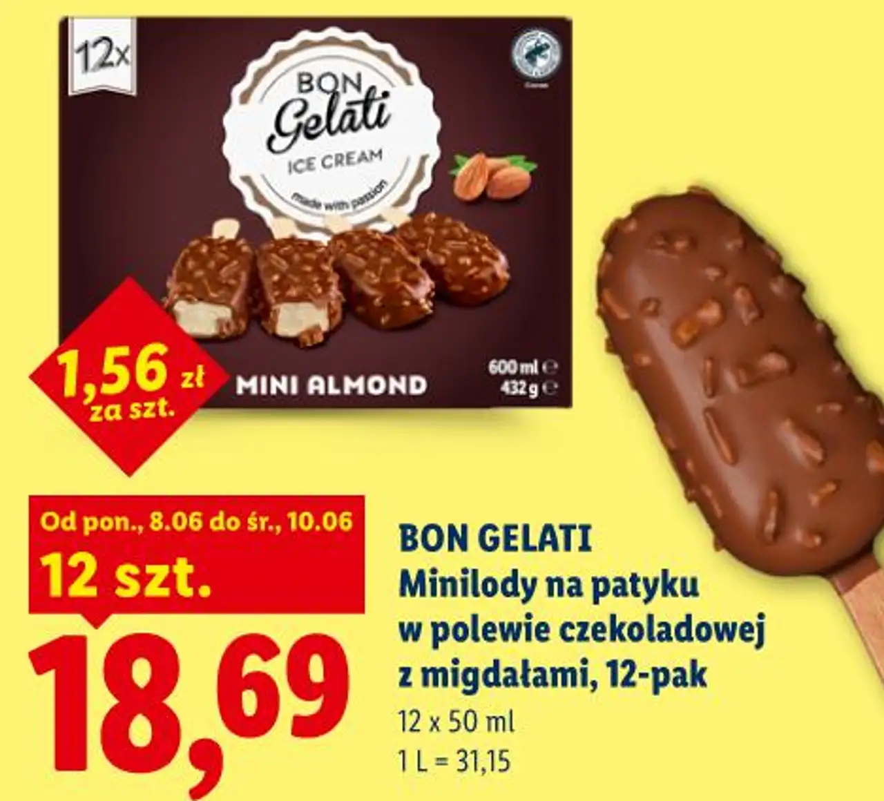 Bon Gelati Minilody na patyku w polewie czekoladowej z migdałami, 12-pak