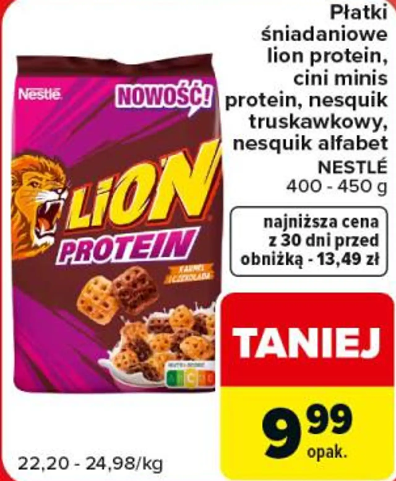 Płatki śniadaniowe lion protein, cini minis protein, nesquik truskawkowy, nesquik alfabet NESTLÉ
