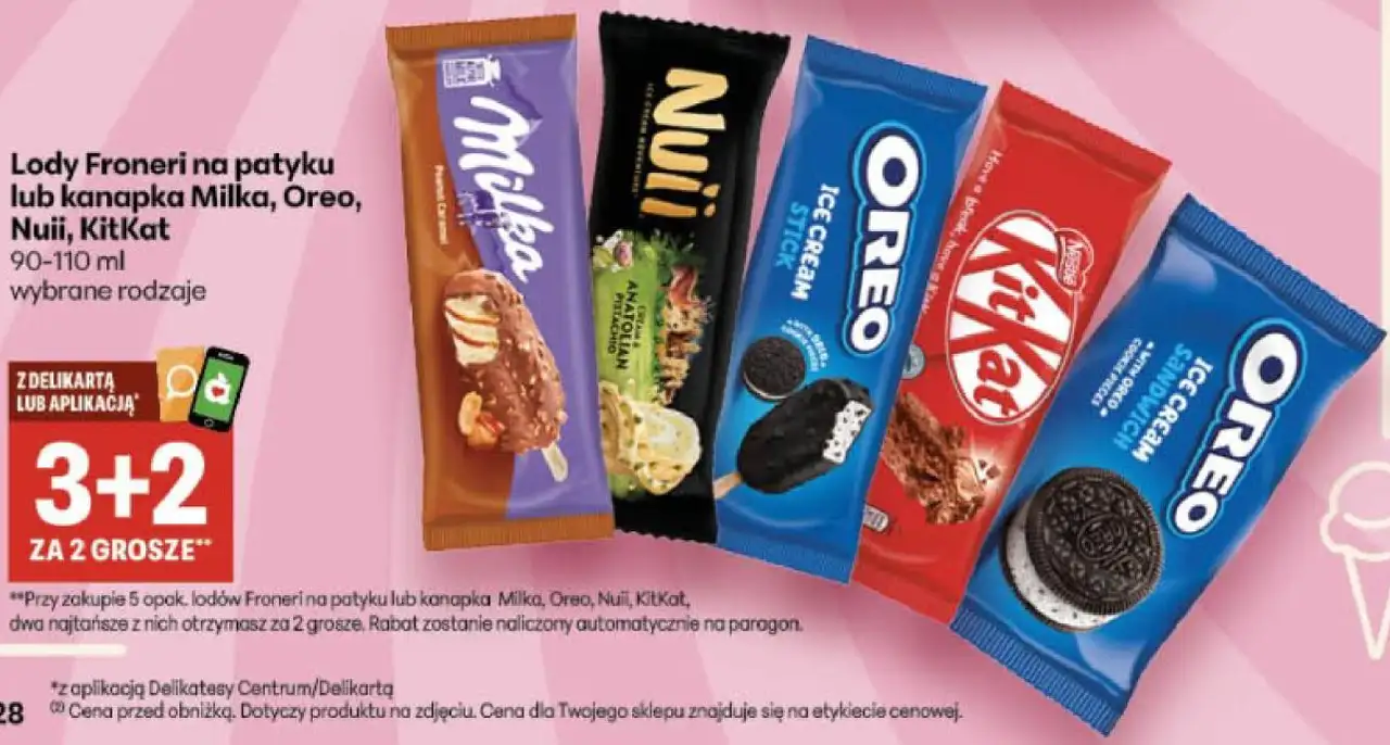 Lody Froneri na patyku lub kanapka Milka, Oreo, Nuii, KitKat