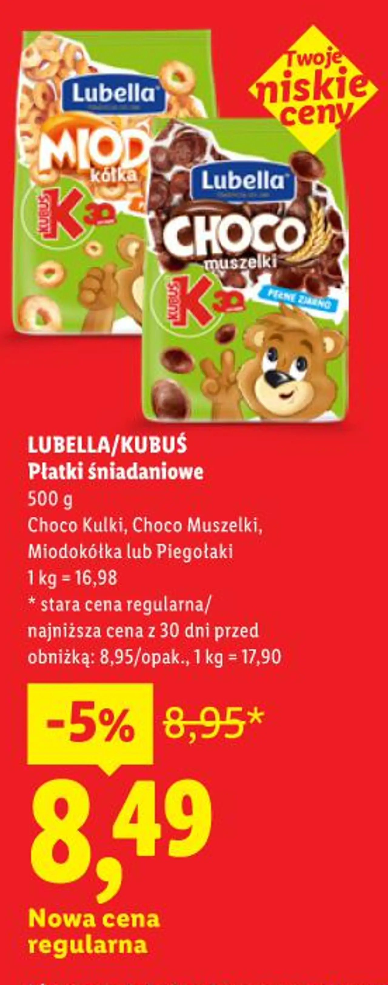LUBELLA/KUBUŚ Płatki śniadaniowe Choco Kulki, Choco Muszelki, Miodokółka lub Piegotaki