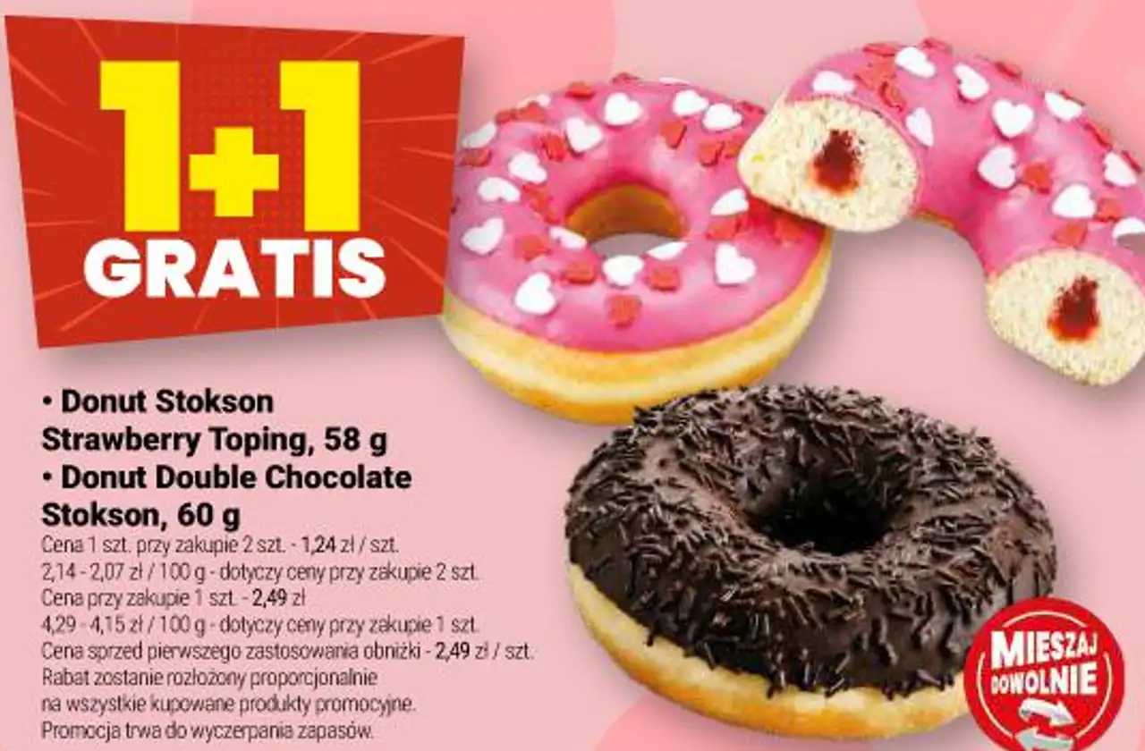 Donut Stokson Strawberry Toping, 58 g / Donut Double Chocolate Stokson, 60 g